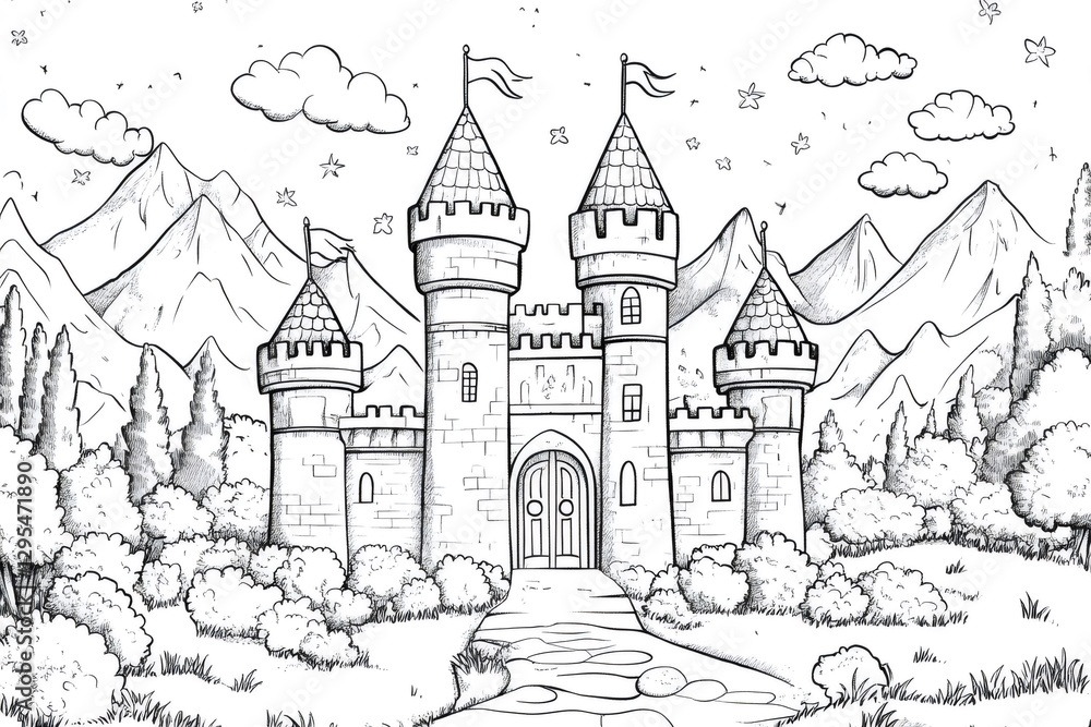 Fototapeta premium Majestic castle standing in a fantasy landscape with mountains and trees