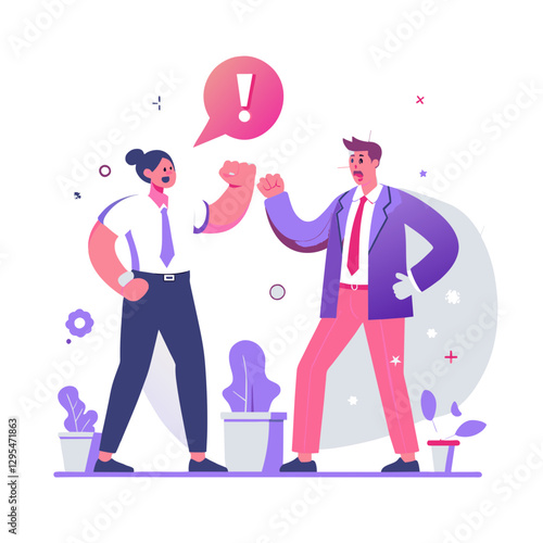 Business colleagues in formal wear disagreeing in office setting. Female and male professionals confront each other in a corporate environment.