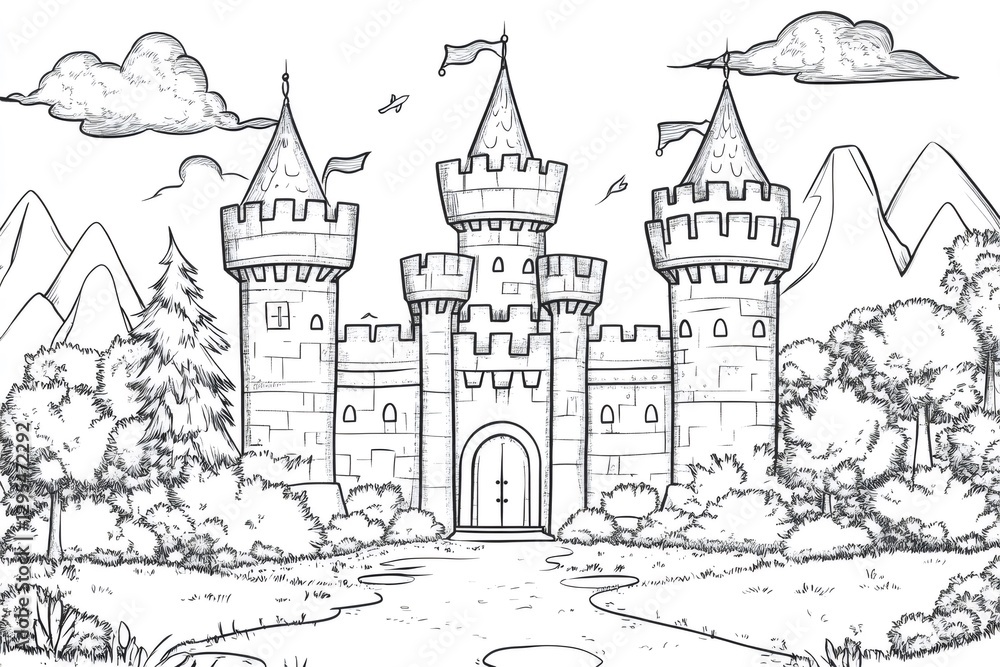 Majestic castle rising above the surrounding landscape, showcasing its towering presence Majestic castle rising above the surrounding landscape, showcasing its towering presence