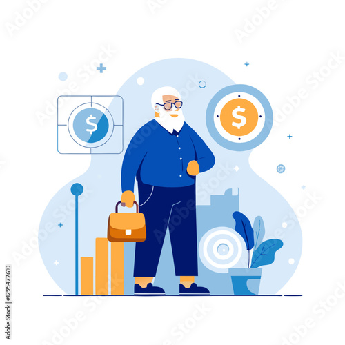 Senior businessman in blue suit, holding briefcase, walking confidently in modern office setting. Successful and prosperous mature professional in a contemporary business environment.