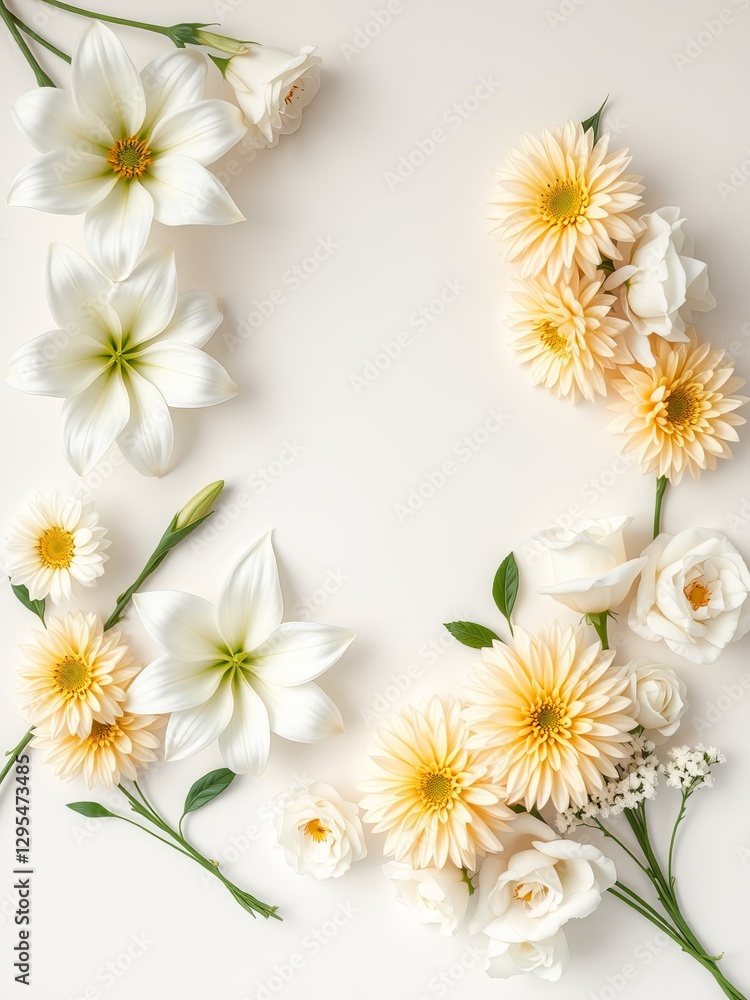 Obraz premium Delicate White and Yellow Flowers Blooming Vividly Against a Pure White Background Creating Elegance