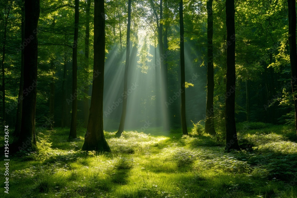 Fototapeta premium Sunbeams illuminating lush green forest floor in springtime