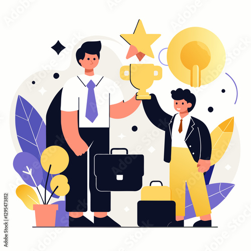 Adult and child business professionals in formal attire presenting a trophy. Celebration of achievement and mentorship in an office setting.