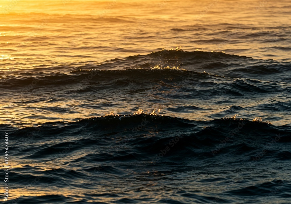 Naklejka premium This image captures the beauty of ocean waves at sunset, with golden light illuminating the dark water and visible foam