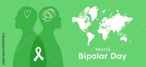 World Bipolar Day banner template with typography. Human profile with depression and like elements. Person and Earth map Silhouette. Sad and happy feeling design. March 30 background green color.