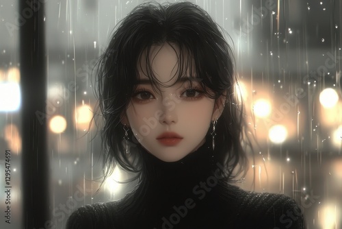 Pensive Anime Girl in Rain, City Lights Background