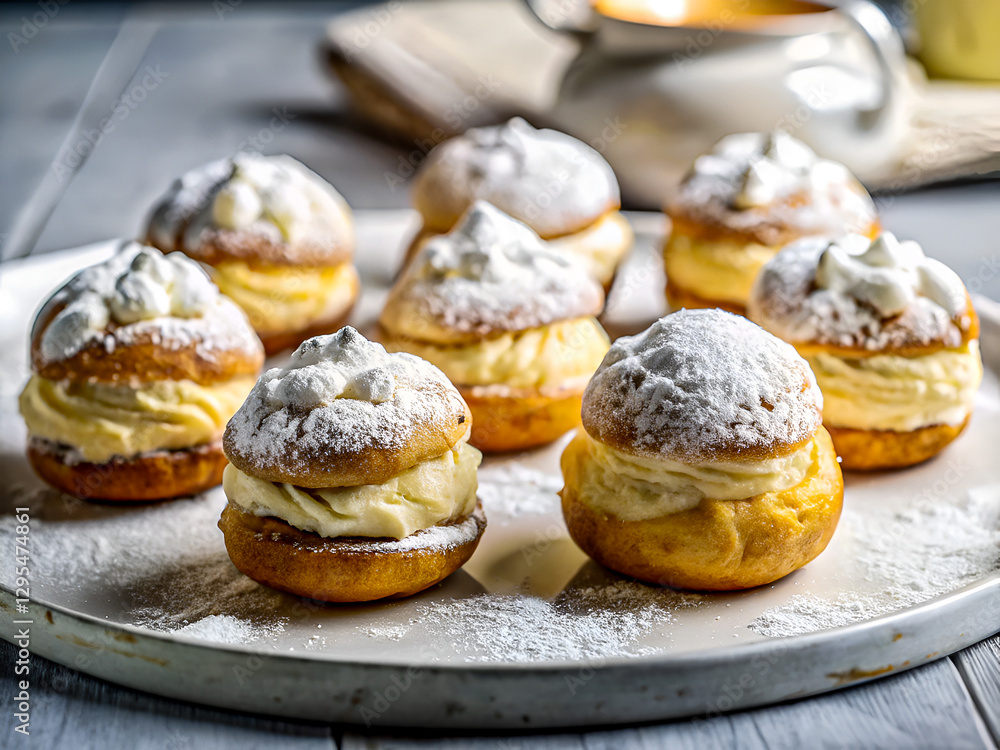 Tasty Fluffy Cream Puffs with Vanilla Cream and Powdered Sugar. Delicious Food background Tasty Fluffy Cream Puffs with Vanilla Cream and Powdered Sugar. Delicious Food background