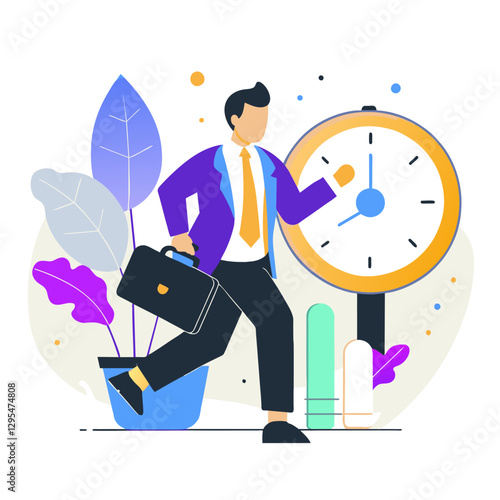Businessman rushing to meet deadline, in a hurry, near a clock. A male professional in a suit, carrying a briefcase, hurrying past a large clock in a modern urban setting.
