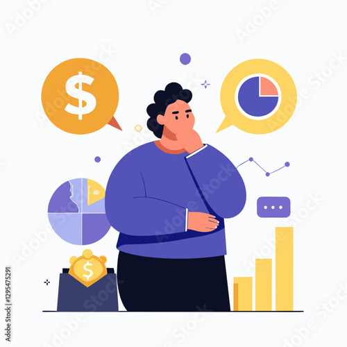 A thoughtful adult with dark hair, wearing a purple long-sleeve top and dark pants, ponders financial charts and graphs in a modern office setting.