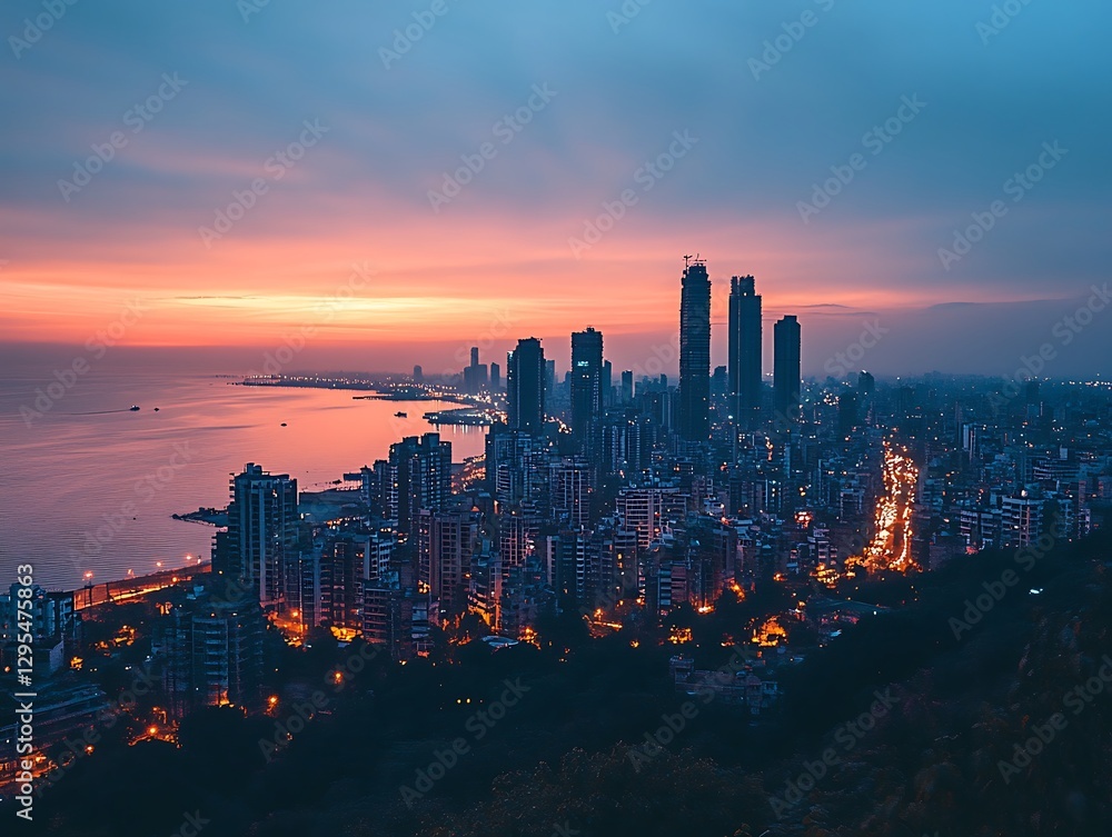 Fototapeta premium City skyline at sunrise over ocean