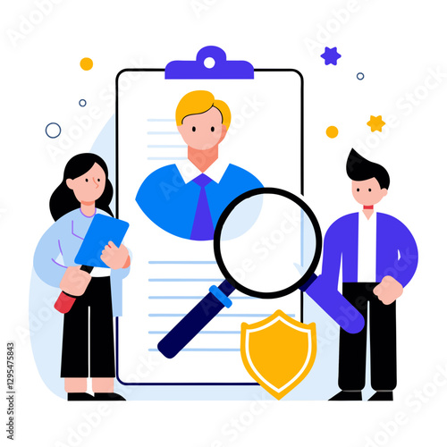Female HR professional reviewing male candidate's application with magnifying glass and security shield in office setting.