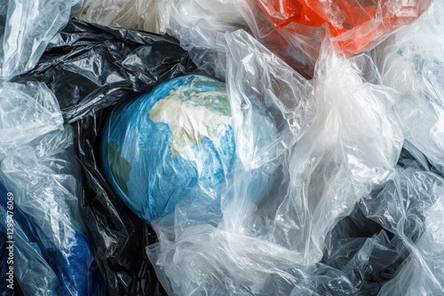 Plastic Pollution Concept Image of Earth Globe Packed in Plastic Zipper Bag photo