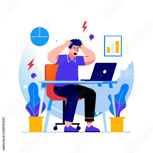 Frustrated adult male in casual office attire, experiencing a stressful moment while sitting at his desk. He displays a distressed expression, with hands on head, and is facing a computer.