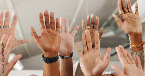 Принти на полотні Business people, group and hands raised for question in closeup with training, development and workshop