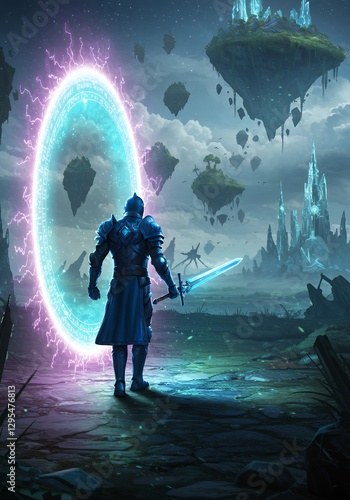 A heroic warrior in shining blue armor steps through a glowing portal into an unknown realm. Floating islands and ethereal creatures await beyond the mystical gate.