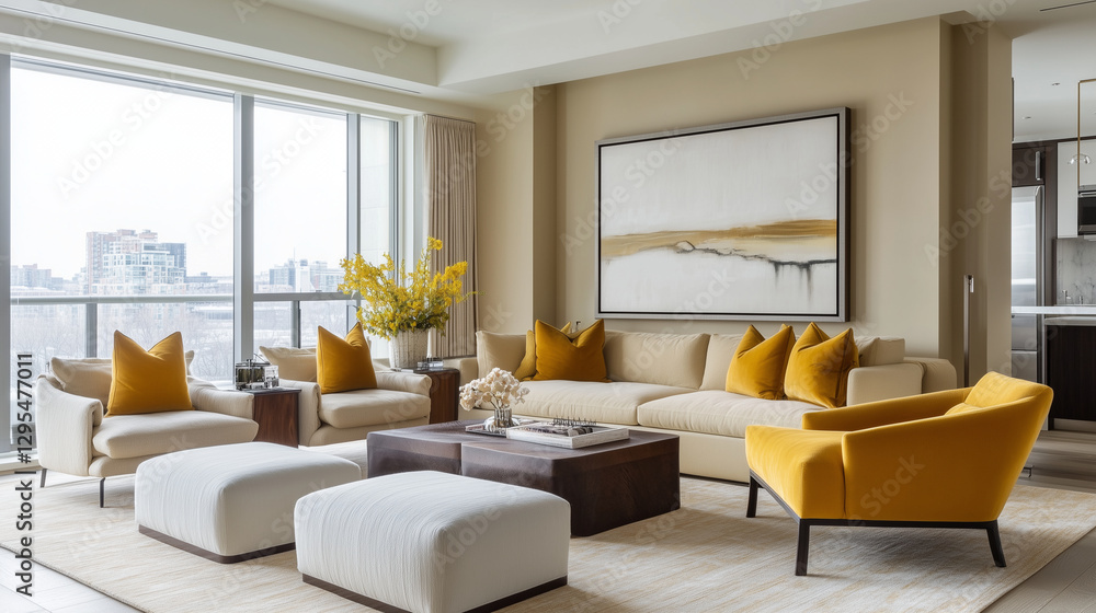 Fototapeta premium 洗練されたミニマルリビングの美学、シンプル＆エレガント：心地よい空間デザイン、自然と調和するインテリアスタイル、モダンミニマリズムの極み、静けさと温もりを感じるリビング、ナチュラル＆オーガニックな暮らし、落ち着いた色彩と心地よい家具の調和、ラグジュアリー×シンプルな洗練空間、快適な空間を演出するインテリア、温かみのあるミニマルデザイン