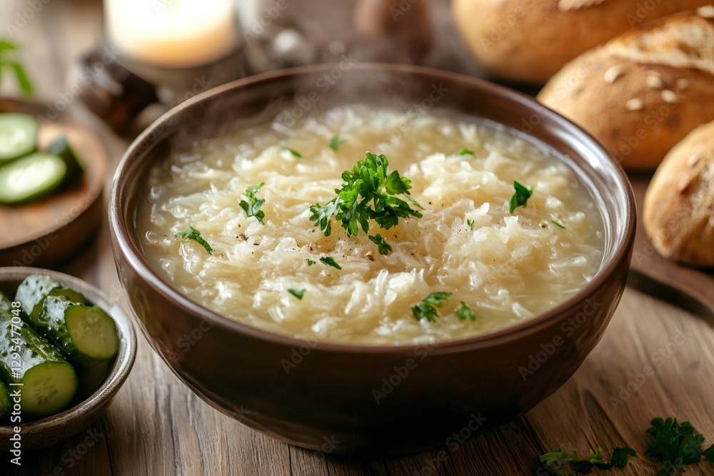 Steaming sauerkraut soup with parsley and pepper in brown bowl Steaming sauerkraut soup with parsley and pepper in brown bowl