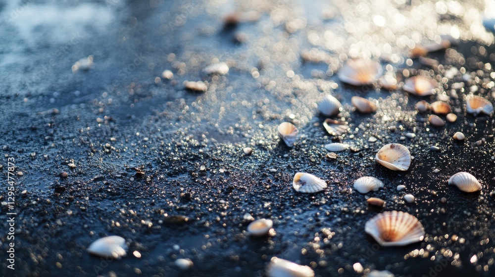 Beautiful Seashells Scattered on Wet Sand with Sparkling Ocean Water in Background during Golden Hour Sunset Beautiful Seashells Scattered on Wet Sand with Sparkling Ocean Water in Background during Golden Hour Sunset