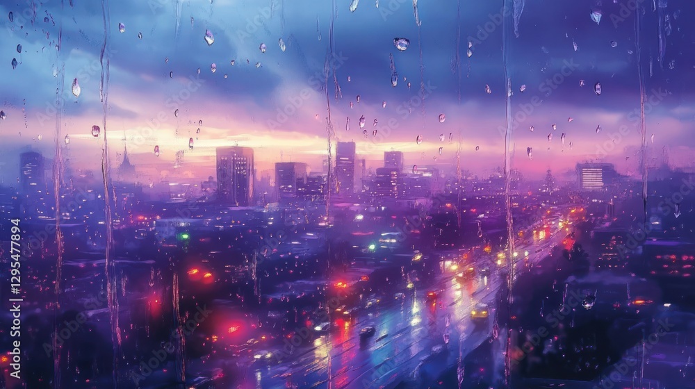 Obraz premium Raindrops streak across a window overlooking a vibrant city skyline