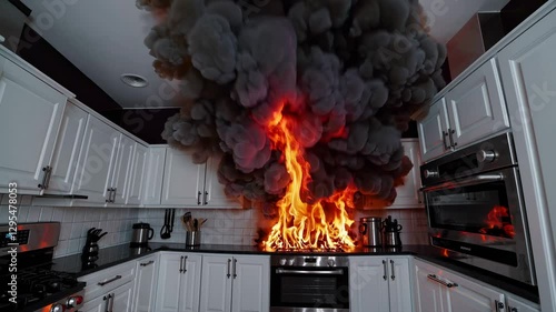 Dramatic video scene of a kitchen fire with thick smoke, captured from a wide-angle, eye-level perspective, emphasizing chaos and urgency.