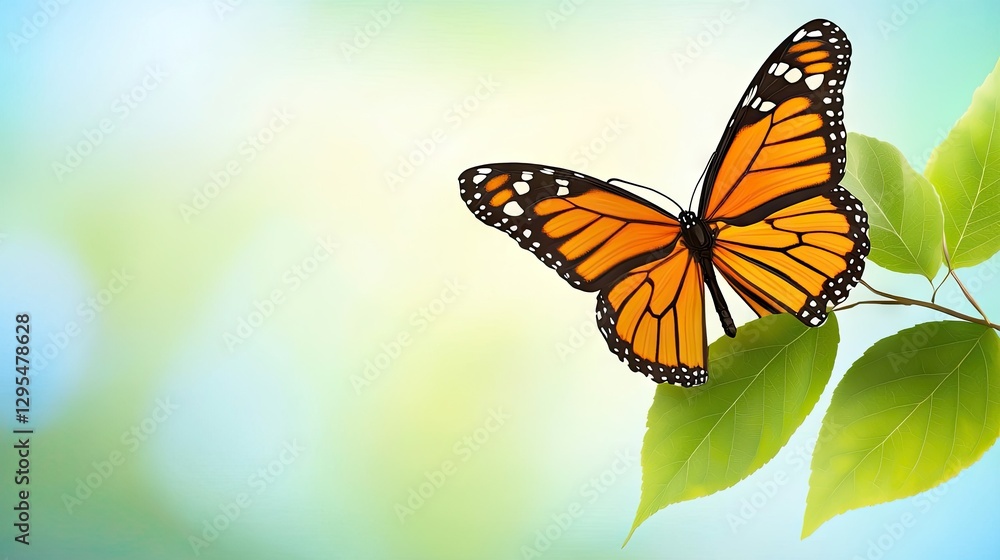 Fototapeta premium Monarch butterfly resting on green leaves, spring garden background, nature, website banner