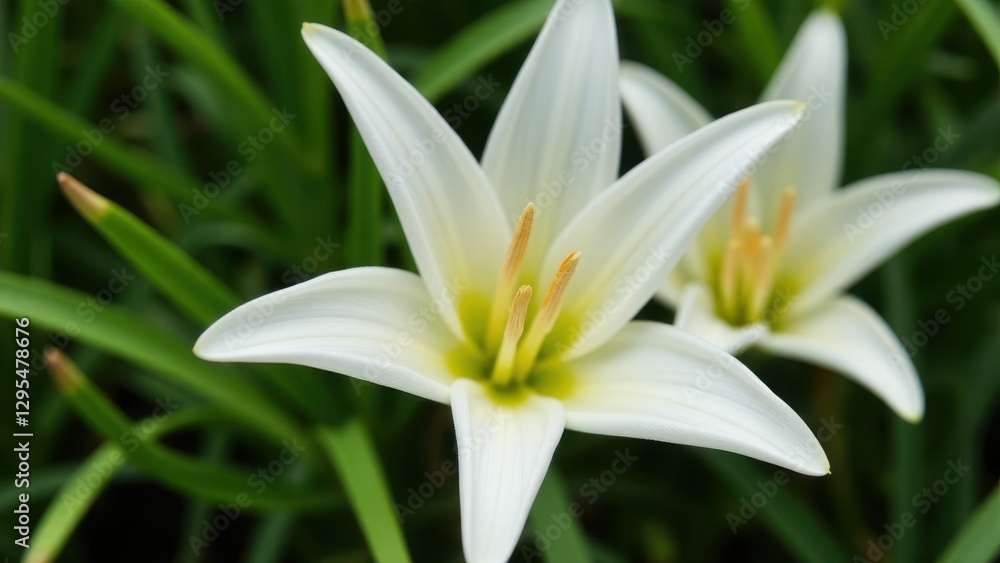 A close-up of a moon lily with white petals and yellow stamens, surrounded by green leaves. A close-up of a moon lily with white petals and yellow stamens, surrounded by green leaves.