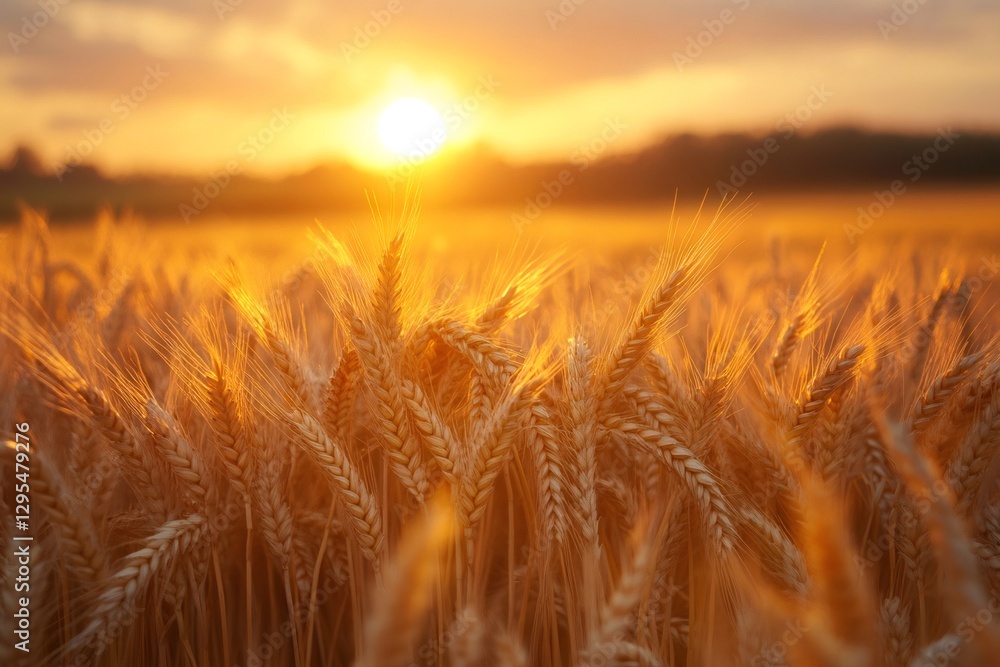 Ripe wheat field at sunset, creating a warm and golden landscape Ripe wheat field at sunset, creating a warm and golden landscape