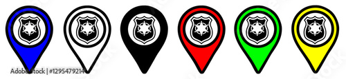 Flat map icons pins police and another security services,, in different colors, location icons set on transparent background. Position symbols or GPS positioning