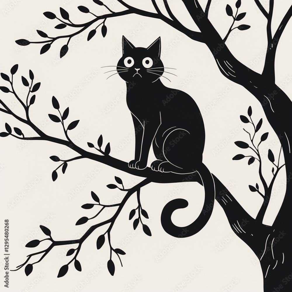 Cute Black Ink Cat Illustration on Tree Branch for Horror and Kids Storybook Cover with Eerie Magical Elements Kids and Children Book Cover Design Idea Cute Black Ink Cat Illustration on Tree Branch for Horror and Kids Storybook Cover with Eerie Magical Elements Kids and Children Book Cover Design Idea