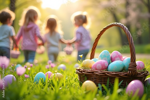 A wicker basket filled with colorful Easter eggs on green grass, with children in the background enjoying an egg hunt.