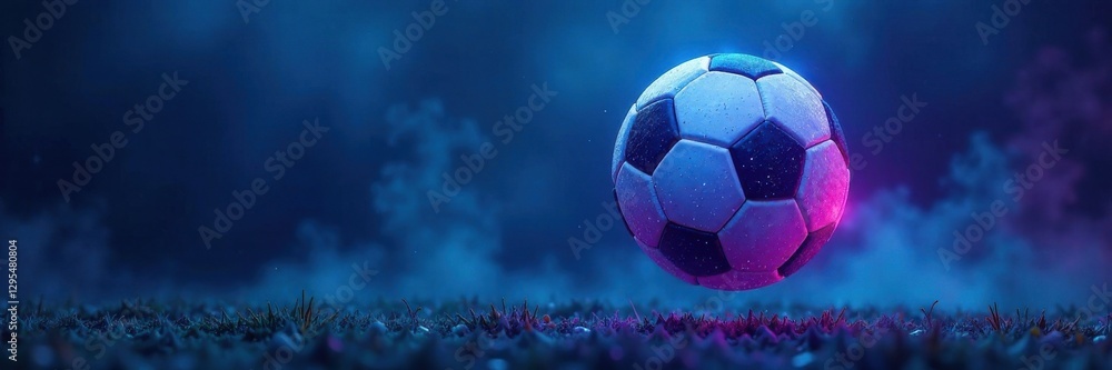 Naklejka premium Glowing neon soccer ball suspended in mid-air, surrounded by vibrant blue hues, glow, ball, athletic