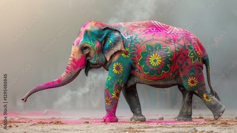 Obraz premium An elephant painted with bright colors strolls through a cloud of colored powder, showcasing intricate designs in a festive atmosphere