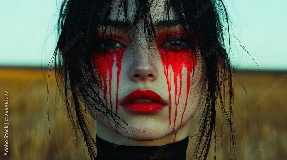 Φωτογραφία Dramatic Portrait of a Young Woman with Red War Paint in a Field