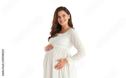 Portrait of a smiling pregnant woman touching her belly, isolated on transparent background