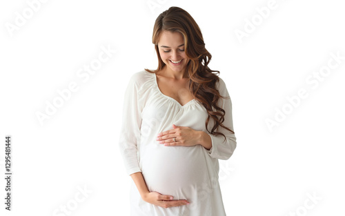 Portrait of a smiling pregnant woman touching her belly, isolated on transparent background