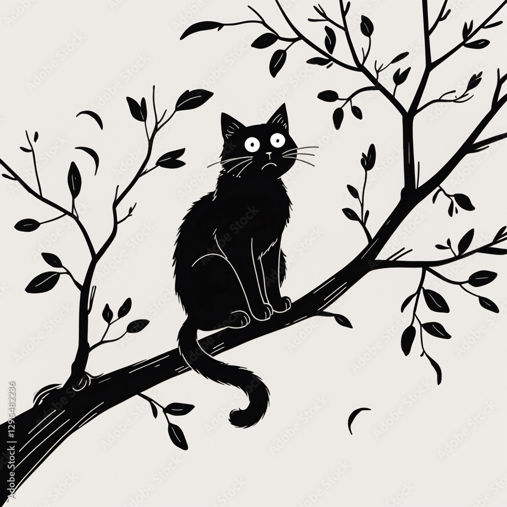 Cute Cat Illustration in Black Ink Resting on Tree Branch Perfect for Horror and Kids Book Cover with Dark Theme Kids and Children Book Cover Design Idea Cute Cat Illustration in Black Ink Resting on Tree Branch Perfect for Horror and Kids Book Cover with Dark Theme Kids and Children Book Cover Design Idea