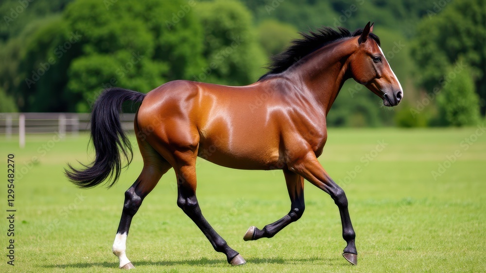 A beautiful Orlov Trotter horse with a shiny brown coat and black mane trots gracefully in a lush green field. A beautiful Orlov Trotter horse with a shiny brown coat and black mane trots gracefully in a lush green field.