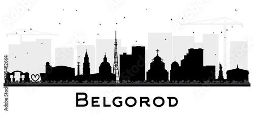 Belgorod Russia city skyline silhouette with black buildings isolated on white. Belgorod cityscape with landmarks. Business travel and tourism concept with modern and historic architecture.