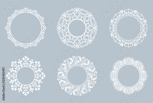 Set of decorative frames Elegant vector element for design in Eastern style, place for text. Floral gray and white borders. Lace illustration for invitations and greeting cards