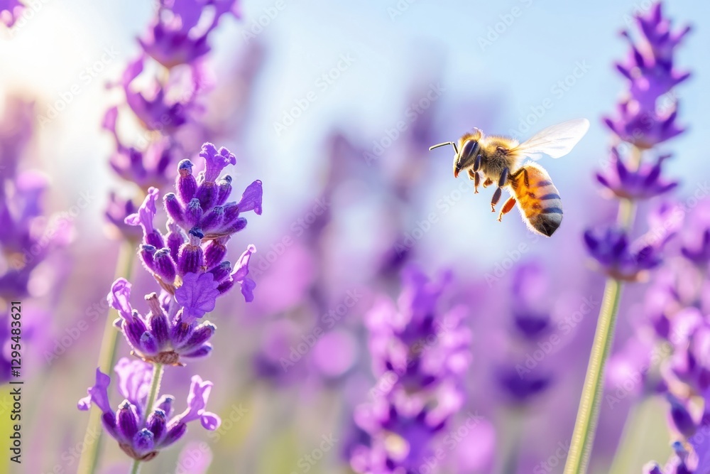 Wide-angle ground view of lavender spires, blurred honeybee mid-flight. Foreground dirt texture sharp, flowers receding into soft focus. Wide-angle ground view of lavender spires, blurred honeybee mid-flight. Foreground dirt texture sharp, flowers receding into soft focus.