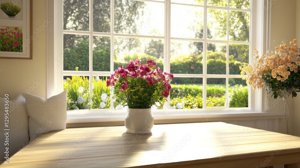 Fototapeta premium Sunlit Room With Flowers In A White Vase Near Window