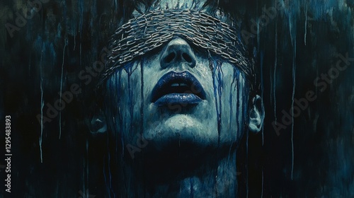 Woman with Chains Across Eyes, Dark Blue Abstract Portrait