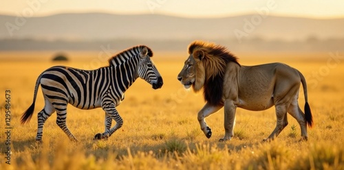 group of zebra and lion walking together on savannah , wildlife, zebra, grassland
