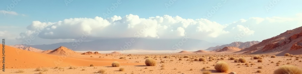 Desert landscape under a layer of dense white clouds, dense, barren Desert landscape under a layer of dense white clouds, dense, barren