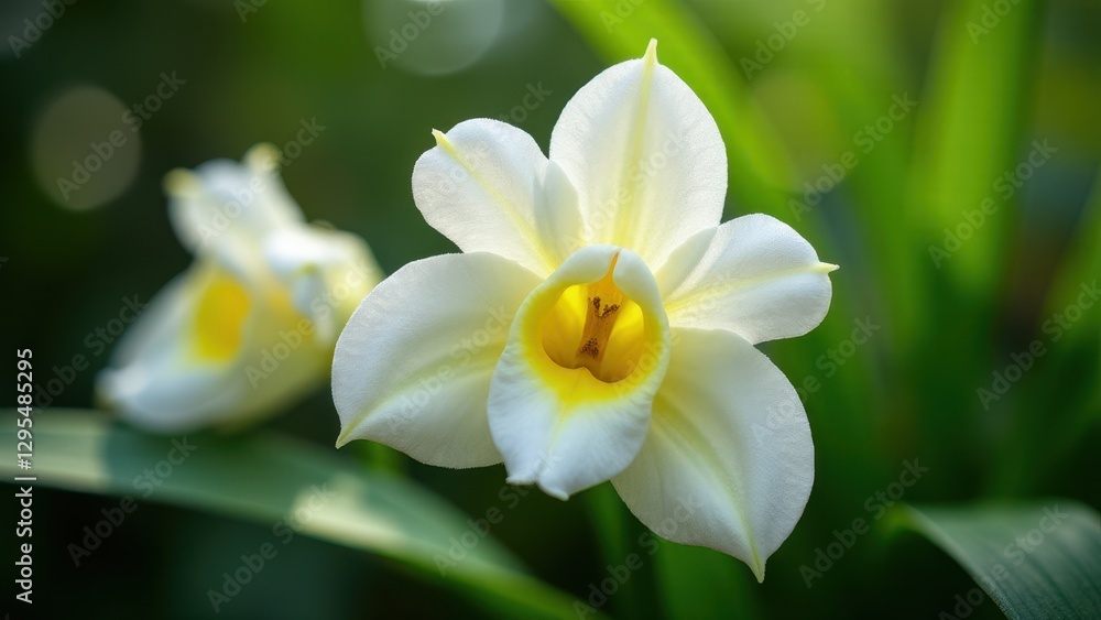 A close-up of a peristeria elata flower, showcasing its delicate white petals and yellow center. A close-up of a peristeria elata flower, showcasing its delicate white petals and yellow center.