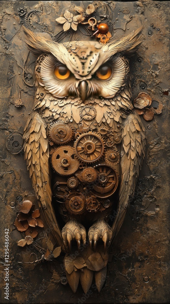 Fototapeta premium Steampunk owl with intricate mechanical gears fantasy art whimsical design digital artwork close-up unique concept