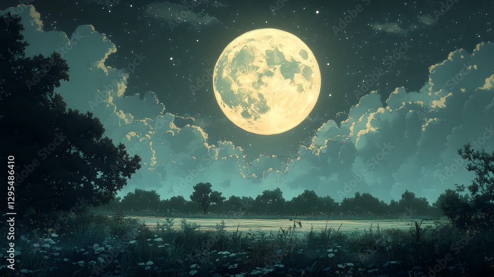 Fototapeta premium A bright full moon shining over a tranquil night landscape