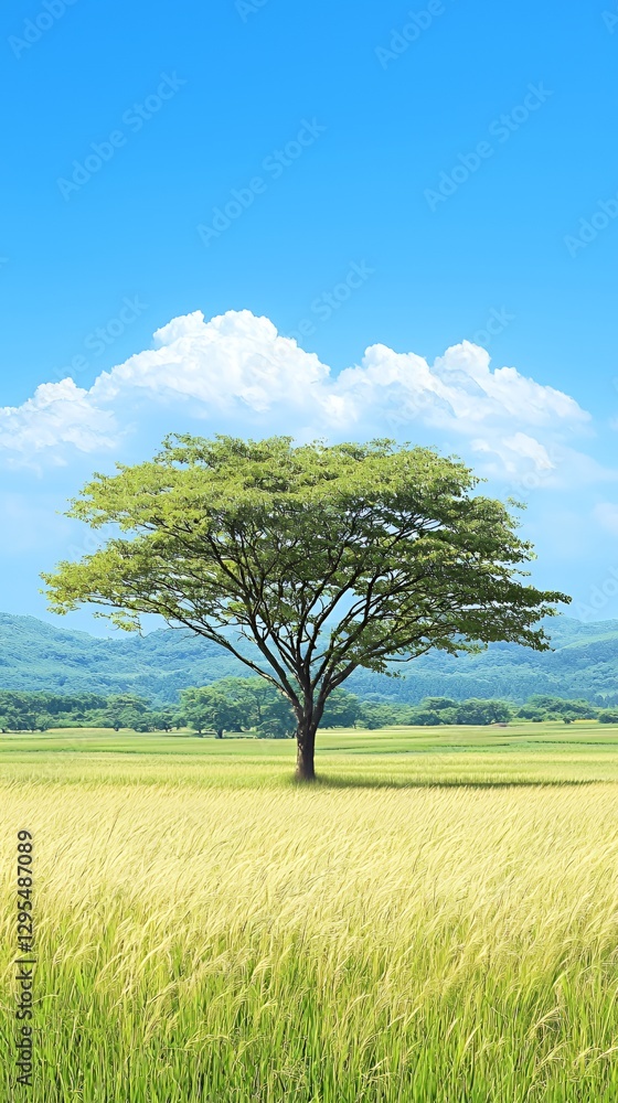 Fototapeta premium Single Tree in a Golden Field under a Blue Sky