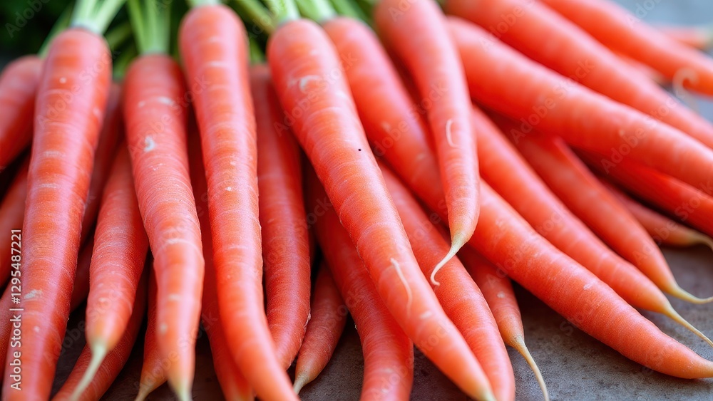 A bunch of fresh pink carrots with green tops, arranged closely together. A bunch of fresh pink carrots with green tops, arranged closely together.