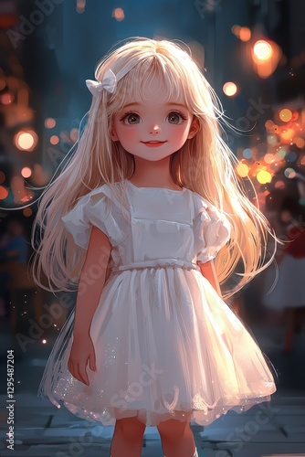 Adorable Little Girl in White Dress at Night